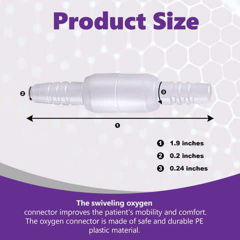 Oxygen tubing swivel connector, front view; white plastic, length 1.9 in, ends 0.2 in and 0.24 in.