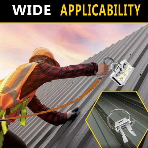 No Fuss Two Way Standing Seam Roof Anchor With Heavy Duty Five Thousand Pound Lock and Smooth Galvanized Rig For Metal Roofs in use on a rooftop.