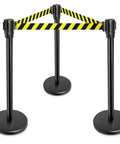 Stanchions Set Of 2, 36-Inch High, 6.5-Foot Retractable Belt, Boss-Grade Heavy-Duty Steel With Black Powder Coat, Hazard Pattern Crowd Control Posts For Events And Venues