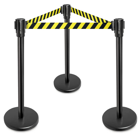 Stanchions Set Of 2, 36-Inch High, 6.5-Foot Retractable Belt, Boss-Grade Heavy-Duty Steel With Black Powder Coat, Hazard Pattern Crowd Control Posts For Events And Venues