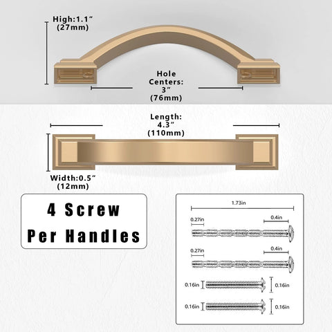 Dimensions of 10 Pack Champagne Bronze Cabinet Pulls 3 Inch Solid Zinc Alloy Cabinet Handles with screw details for kitchen cabinets.