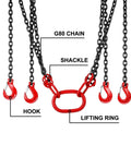 Chain sling, four-leg, black G80 alloy steel chains with red hooks and lifting ring