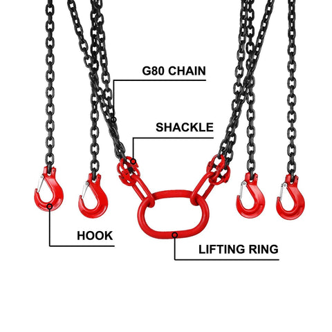 Chain sling, four-leg, black G80 alloy steel chains with red hooks and lifting ring