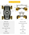 Dimensions of mecanum wheel robotics kit showing aluminum chassis and motor details