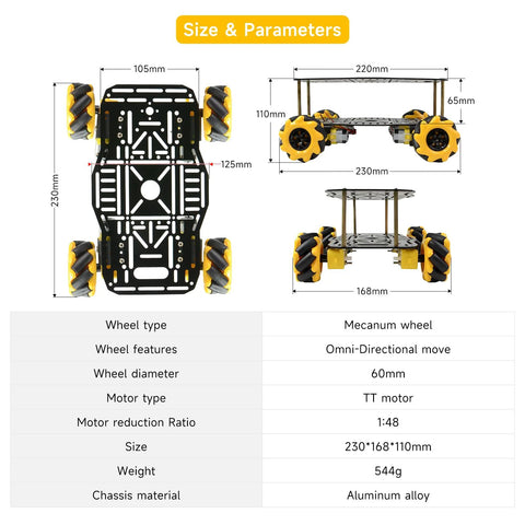 Dimensions of mecanum wheel robotics kit showing aluminum chassis and motor details