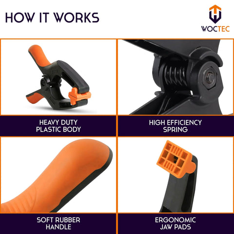 WOCTEC 4-pack 6-inch heavy-duty plastic spring clamps with orange grips and jaw pads collage