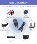 Go-To 12V 1A 12W Universal AC DC Power Adapter With 9 Interchangeable Jacks And 5.5x2.1mm Plug 5FT Cord shown with compatible devices