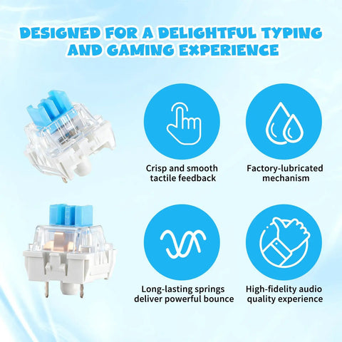 Blue 3 Pin Mechanical Keyboard Switches Pack 50 Pcs Pre Lubricated Dustproof Tactile Clicker Switches For Most Gaming Keyboards With Clear Housing And LED Backlight For Crisp Actuation And Smooth Upgrades, clear switch close-up