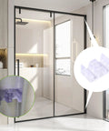 Shower door bumpers set, 8-pack, clear anti-collision stoppers with adhesive and screws, bottom guide (installed view)