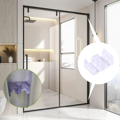 Shower door bumpers set, 8-pack, clear anti-collision stoppers with adhesive and screws, bottom guide (installed view)