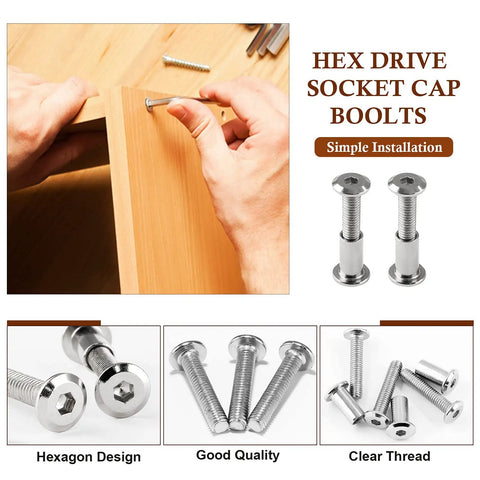 Complete Set Of Heavy Duty M6x25mm Hex Socket Cap Bolts With Allen Wrench And Barrel Nuts Zinc Steel Furniture Hardware Hella Tough For Cribs And Cabinets No Sweat Assembly Guaranteed, installed in wood.