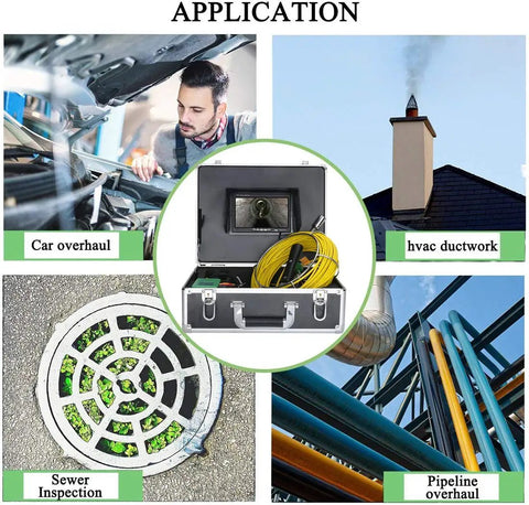 Built Tough No Sweat Wifi Inspection Camera With 7 Inch Lcd Screen displayed with applications for car, HVAC, sewer, and pipeline inspections.
