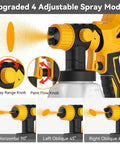 Close-up of adjustable spray mode knobs on cordless HVLP paint sprayer for customizing paint flow and range.
