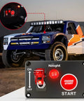 12V 2 In 1 Ignition Switch Panel With Rocker And Engine Start Button Toggle Switches Relay Harness LED Indicator next to racing truck