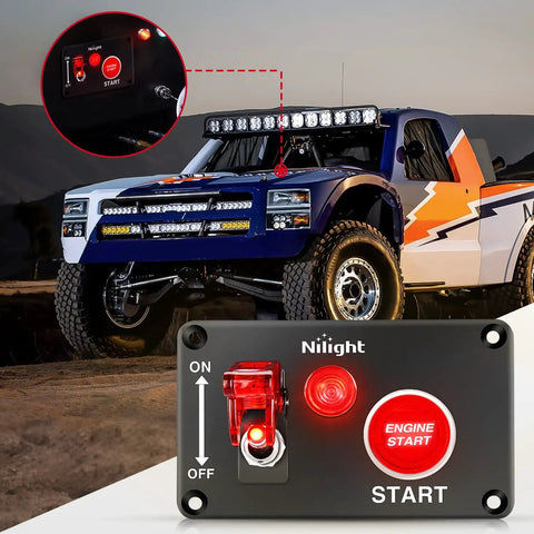 12V 2 In 1 Ignition Switch Panel With Rocker And Engine Start Button Toggle Switches Relay Harness LED Indicator next to racing truck