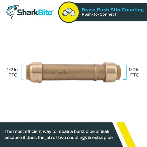 Half Inch Slip Coupling Push To Connect Brass Plumbing Fitting For PEX Copper CPVC PE-RT HDPE Quick No Fuss Repair For Leaks And Burst Pipes Full Flow Design Uses Disconnect Clip Diy Friendly
