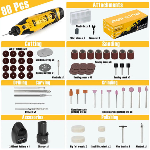 Cordless Rotary Tool Kit With 6 Speed Settings Up To 35,000 RPM, Pro Grade 2.0Ah Battery And Charger with 90 accessory pieces.