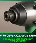 Close-up of 1/4-inch quick change chuck on 18V Cordless Impact Driver Kit With One Quarter Inch Chuck And Fuel Gauge Battery Delivers 1328 Inch Pounds Torque, Beast Mode Power, 2400 RPM, 3200 IPM, Lightweight 2.2 Pounds, Pro Grade Power For Hard Jobs, MultiVolt Ready, Lifetime Tool Warranty