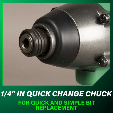 Close-up of 1/4-inch quick change chuck on 18V Cordless Impact Driver Kit With One Quarter Inch Chuck And Fuel Gauge Battery Delivers 1328 Inch Pounds Torque, Beast Mode Power, 2400 RPM, 3200 IPM, Lightweight 2.2 Pounds, Pro Grade Power For Hard Jobs, MultiVolt Ready, Lifetime Tool Warranty