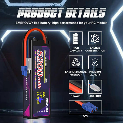 Close-up of Two Pack 7.4V 5200mAh 80C LiPo Battery with EC3 and JST-XHR connectors for RC vehicles.