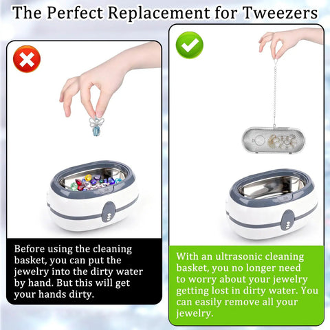 Two Pack Heavy Duty Stainless Steel Ultrasonic Cleaner Baskets For Hassle Free Jewelry Cleaning And Small Parts Washing demonstrated with cleaning process.