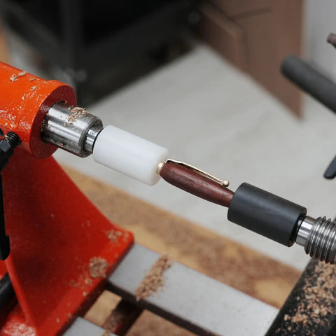 Pen Press Kit For Woodturning Lathes With MT1 Taper Handy DIY Pen Making Tool showing alignment using dual nylon pads