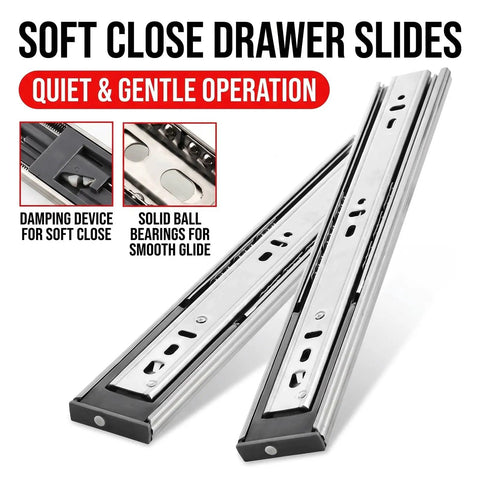Stainless Steel Drawer Slides With Soft Close And Full Extension Ball Bearing Glides For Cabinets And Drawers, showing damping device and ball bearings.