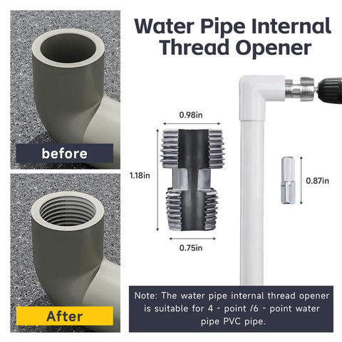 Heavy Duty Pvc Pipe Threader And Tapping Tool For 1 2 Inch To 3 4 Inch Pipes, showing before and after threading results.