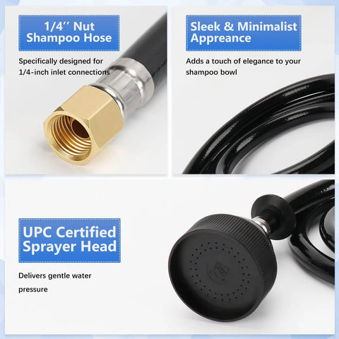 Close-up of Two Pack UPC Certified Salon Shampoo Bowl Sprayer Hose Kit with brass fittings and black rubber hose.