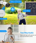 Image showing 2.5K 5MP WiFi Security Camera System Outdoor Expandable 16CH NVR Supports Up To 8MP 500GB HDD Included Spotlight 2 Way Audio IP66 Weatherproof Motion Alerts DC Power Plug In 24 7 Recording with two-way audio communication between a mother using a phone and a child playing outside.