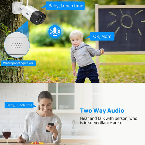 Image showing 2.5K 5MP WiFi Security Camera System Outdoor Expandable 16CH NVR Supports Up To 8MP 500GB HDD Included Spotlight 2 Way Audio IP66 Weatherproof Motion Alerts DC Power Plug In 24 7 Recording with two-way audio communication between a mother using a phone and a child playing outside.