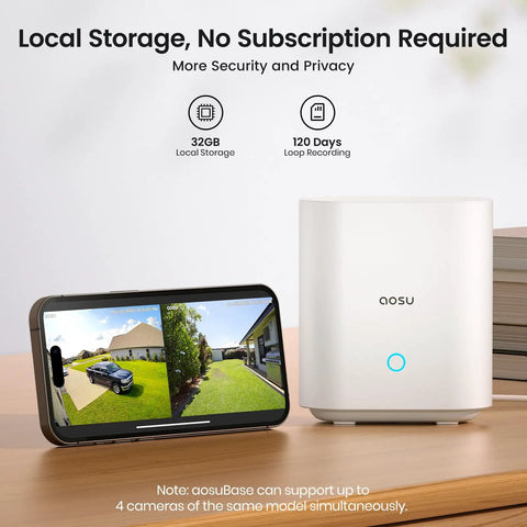 Wireless Outdoor Security Camera System With True 2K HD 2 Camera Kit No Monthly Fee shown with smartphone app and base unit