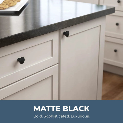 Fulton Matte Black Round Cabinet Knobs 1-3/16 Inch Easy Install Durable Hardware on white kitchen cabinet