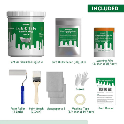 Tub And Tile Refinishing Kit For DIY Bathroom Kitchen Remodel, 3Kg 105 Oz White With Tools, showing contents and accessories
