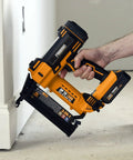 20 Volt Cordless 3-In-1 16 And 18 Gauge Nailer And Stapler Tool Only in use for baseboard finishing, delivers up to 1300 fasteners per charge.