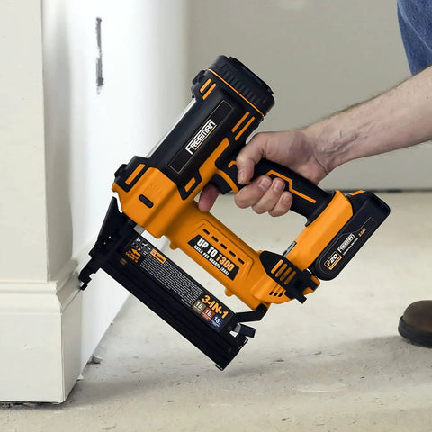 20 Volt Cordless 3-In-1 16 And 18 Gauge Nailer And Stapler Tool Only in use for baseboard finishing, delivers up to 1300 fasteners per charge.