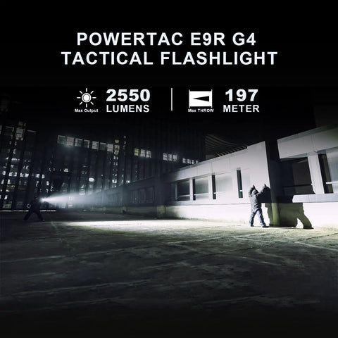 E9R G4 Tactical Flashlight 2550 Lumen Rechargeable LED illuminating rooftop at night, demonstrating bright beam range.