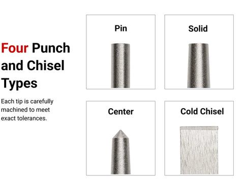 20 Piece Punch And Chisel Set With Pin Punches Center Punches And Cold And Solid Chisels showing four types of chisel tips