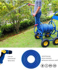 Heavy Duty Garden Hose Reel Cart Wagon With Three Quarter Inch Hose Holds Up To One Hundred Meters in use, watering plants.
