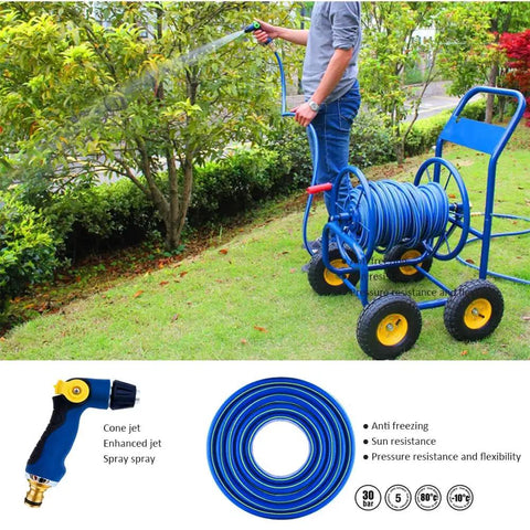 Heavy Duty Garden Hose Reel Cart Wagon With Three Quarter Inch Hose Holds Up To One Hundred Meters in use, watering plants.