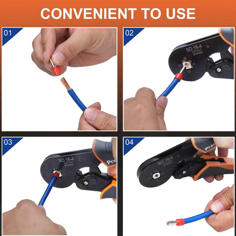 Self Adjusting Wire Ferrule Crimping Tool With Square Jaw For AWG 28-5, Pro Grade Ratchet Pliers in use with cable.