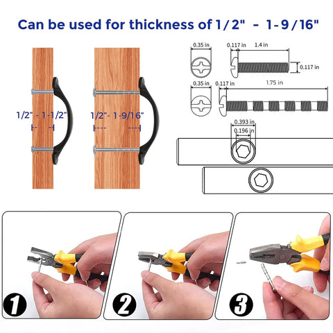 Installation diagram and tools for 30 Pack Solid 3 Inch Rounded Foot Arch Kitchen Cabinet Handles Matte Black Finish Curved Drawer Pulls