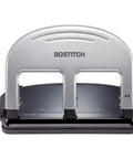 EZ Squeeze Three Hole Punch With No Jam Technology for 40 sheets, heavy-duty metal, black and silver design, front view.