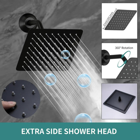 WHSHOWER Matte Black Thermostatic Shower System with Body Jets Shower Set 8 inch side shower head with 360° rotation feature.