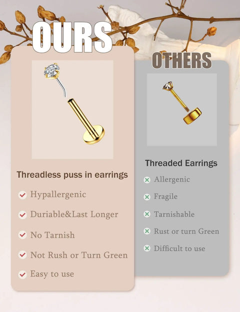 20G Flat Back Threadless Earrings For Women And Men Hypoallergenic 316L Surgical Stainless Steel Nose Lip Tragus Cartilage Medusa Piercing Jewelry 2mm Studs With 14K Gold Filled Shine threadless and threaded earrings comparison