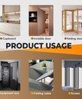 Illustrations of cupboard, invisible cabinet doors, folding doors, equipment box, folding table, and screen for hinge usability.
