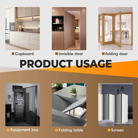 Product usage examples for Invisible Cabinet Hinge Set for clean minimal doors and seamless cabinetry installation.