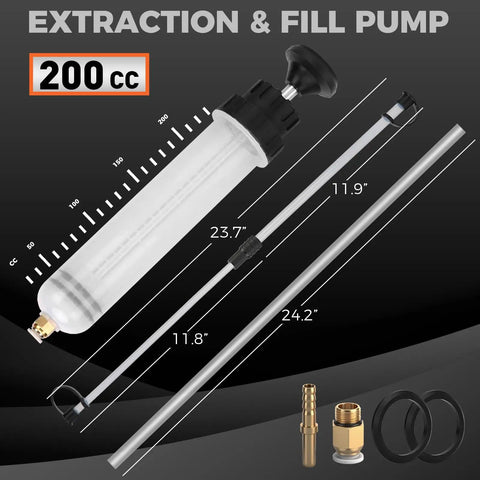 200cc Fluid Extractor Syringe Oil Pump With 23 Inch Flexible Hose And 12 Inch Fine And Coarse Hoses For Cars, Bikes, Boats And Heavy Equipment Maintenance 9 Piece Kit components
