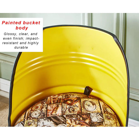 Chill Zone Industrial Metal Barrel Stool With Cushy Backrest And Hidden Storage Rack Perfect For Sneakers Or Everyday Gear To Keep Your Pad Organized This Heavy Duty Oil Drum Chair Comes In Sleek Matte Black, featuring a glossy yellow painted bucket body and unique patterned cushion.