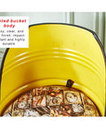 Heavy Duty Steel Barrel Storage Bench With Killer Backrest And Plush Cushion, Straight Up Solid Hidden Compartment Shoe Caddy And Storage Bin For Living Room Entryway Spaces, yellow painted bucket body with decorative cushion.